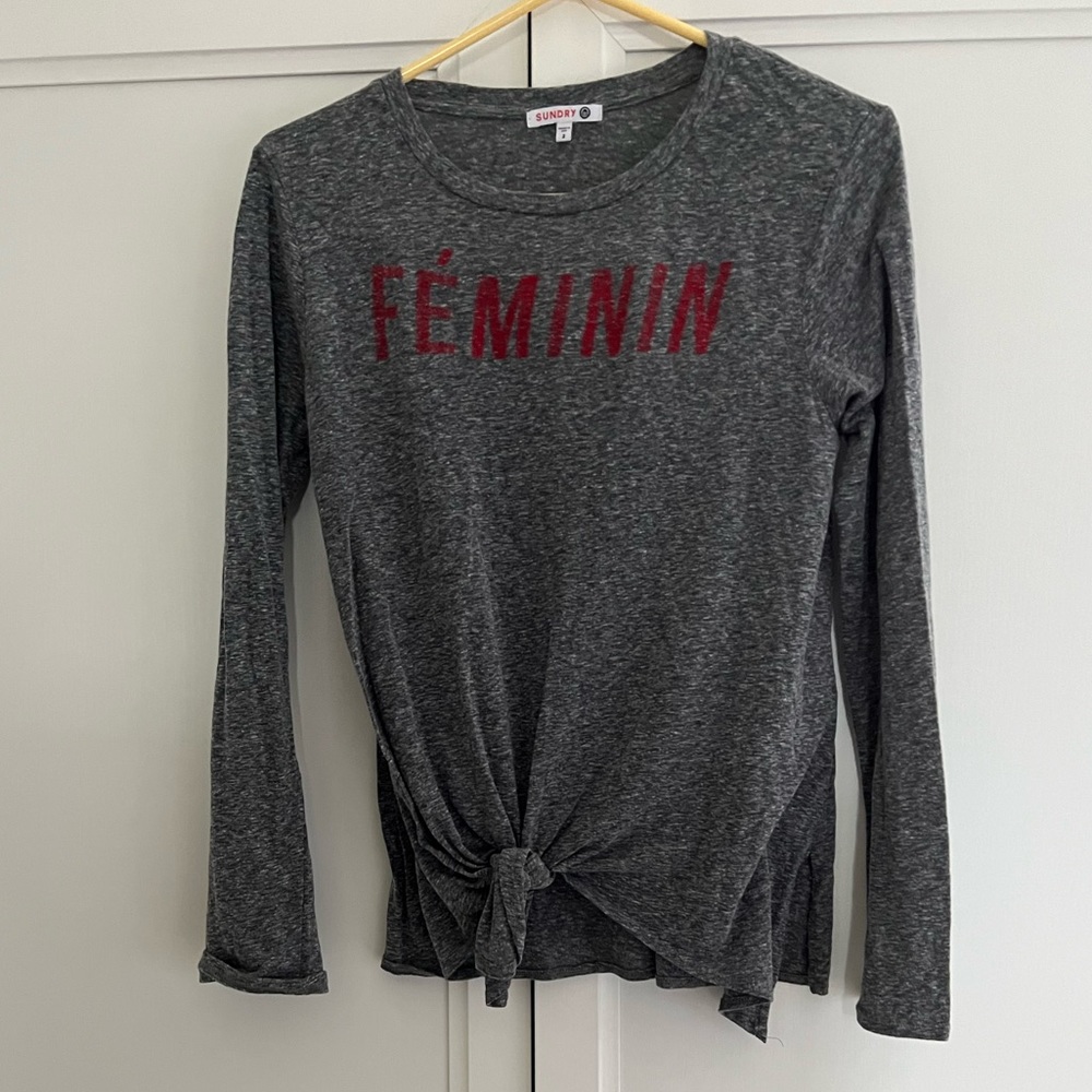 SUNDRY “Feminin” Heather Gray Knotted Long Sleeve Tee, Size 2 (M)
